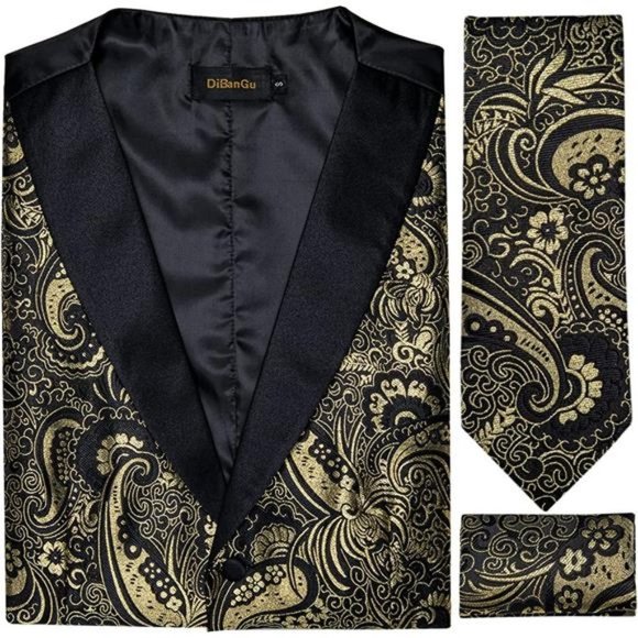 MEN'S Wedding Paisley Suit Vest, Black Gold Paisley - Picture 6 of 6